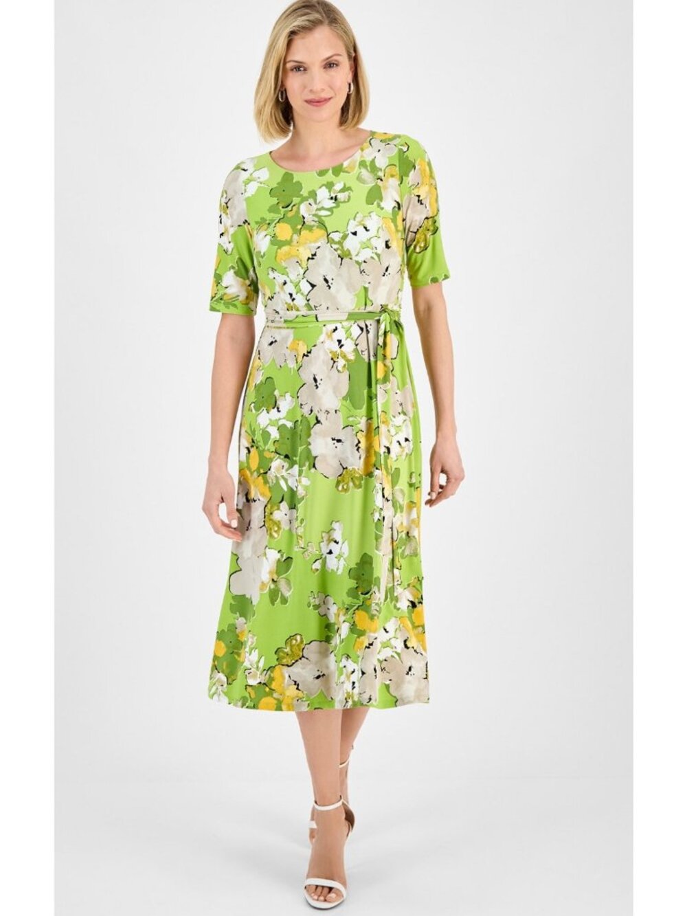 Kasper Kiwi Multi Floral Print Belted Midi Dress Size 8 Short Sleeves Lightweigh